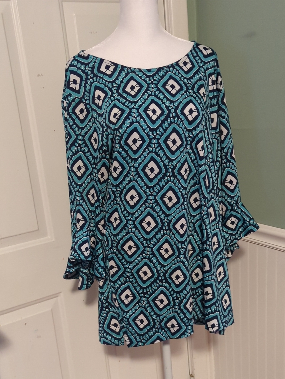 Teal Geometric Print Tunic Top Escapada Living Bell Sleeves Ruffles Large L